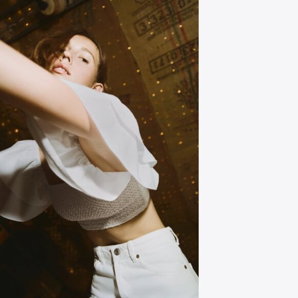 ZARA RUFFLE SLEEVE BANDEAU CROP TOP - Picture 2 of 5